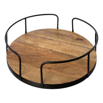 Wooden round tray set of 2 with metal handles, 36x36x9/30x30x9cm, natural,