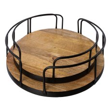Wooden round tray set of 2 with metal handles, 36x36x9/30x30x9cm, natural,
