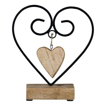 Metal Heart on Wooden Base with Heart Pendant, 19,5x17x5cm, Black