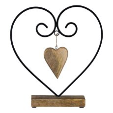 Metal Heart on Wooden Base with Heart Pendant, 30x27,5x6cm, Natural