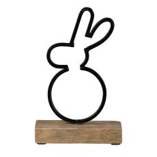 Metal Bunny on Wooden Base, 19x12x6cm, Black