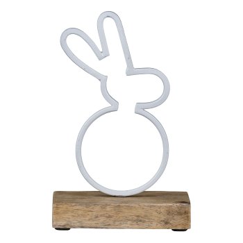 Metal Bunny on Wooden Base, 19x12x6cm, White