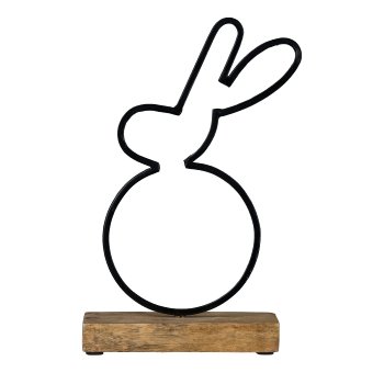 Metal Bunny on Wooden Base, 26x15x6cm, Black