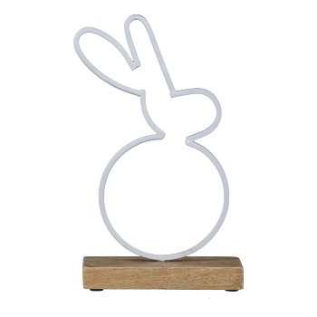 Metall Hase auf Holzfuß, 26x15x6cm, Weiß