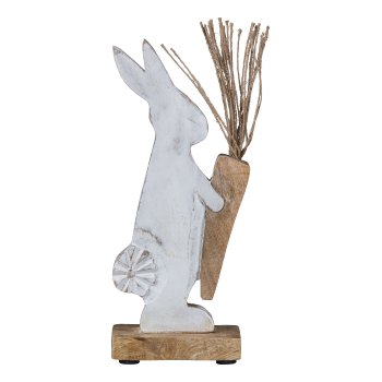 Mango Wood Bunny with Carrot on Wood Base, 21,5x8,5x5cm, White