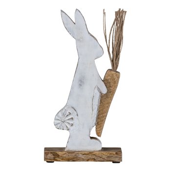 Mango Holz Hase mit Möhre auf Holzbase, 26,5x13,5x5cm, Weiß