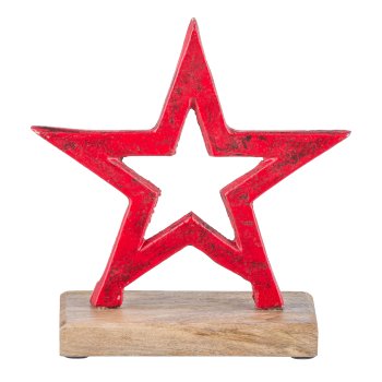 Aluminium star, on wooden base 17x15x7cm, red