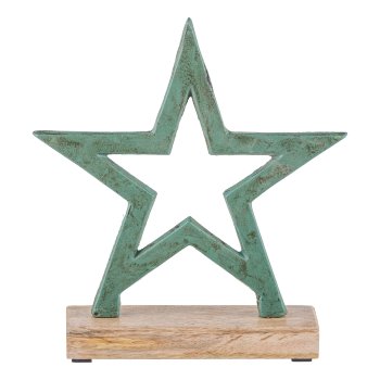 Aluminium star, on wooden base 22x20x7cm, jade