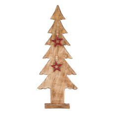 Wooden fir tree, with aluminium star pendants, on base, 85x33x12cm, red