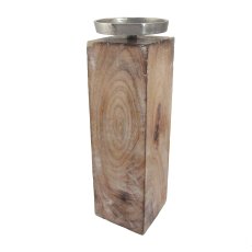 Candle Holder Wood with Aluminium Plate, 33x12x12cm, Silver