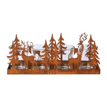 Zinc Tea Light Holder 4 Landscape with 4 Glasses, 25x8x12cm/Glass 5,5x6,7cm,