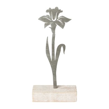 Metall Blüte auf Holzbase, 12x5x17cm, grau