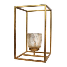 Metal frame tealight holder, with glass, 18x18x30cm, gold