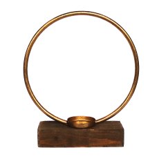 Metall Ring auf Holzbase Teelichthalter m.Glas, 22x6x26cm, gold