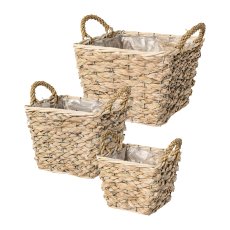 Nature grass basket square 3pcs. set w.liner w.handle, 16x16x18/20x20x22/25x25x24cm