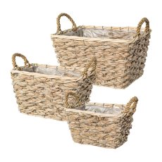 Natur Gras Korb 3erSet m.Liner m.Griff, 22x22x13/26x26x19/30x30x18cm,