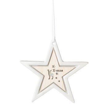 Porcelain hanger star w.wood application, 7x0,5x7cm, white