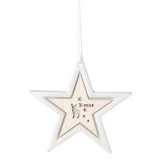 Porcelain hanger star w.wood application, 7x0,5x7cm, white