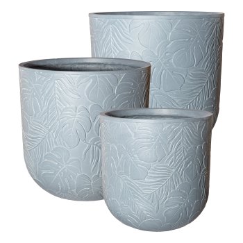 Fibreclay planter Set of 3 w. leave decor, 25x25x25/30x30x35x35cm, gray,