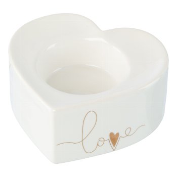 Keramik Herz Teelichthalter GOLD LOVE, 8x7x4cm, weiß