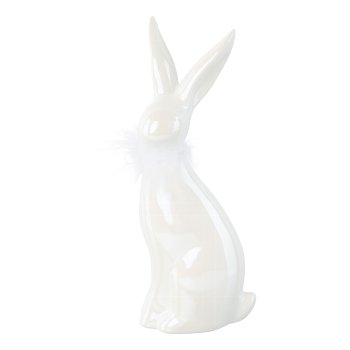 Keramik Hase m.Federboa PEARL LULU, 9x8x23cm, weiß