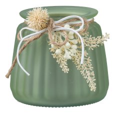 Glass Lantern w. dried flower deco+handle, 12x12x10,5cm, Light green