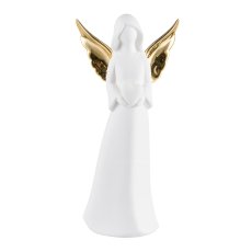 Porcelain angel, w.LED, golden wings 3xLR batteries, 11x7x21cm, white