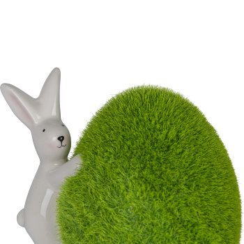 Ceramic rabbit on egg, with moss, 9.7x7x8.5cm