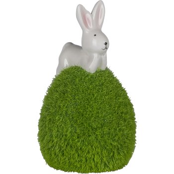 Ceramic rabbit on egg, with moss, 7.2x7.2x13cm