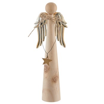 Wooden angel with metal wings, 7x4x21cm, natural