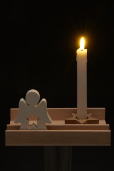 Wooden angel decoration set, candle holder, e-candle, 20x14x3cm, natural