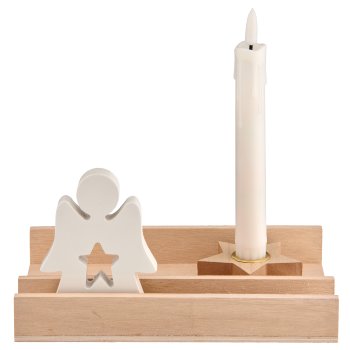 Wooden angel decoration set, candle holder, e-candle, 20x14x3cm, natural