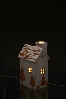 Porzellan Dekohaus mit LED, glasiert, 6x7,5x13cm, warmgrau