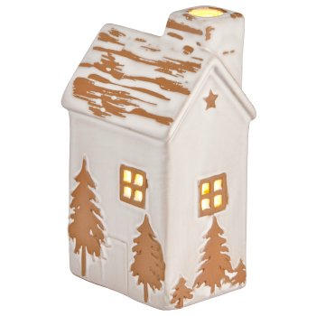 Porzellan Dekohaus mit LED, glasiert, 6x7,5x13cm, warmgrau