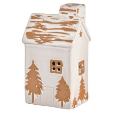 Porcelain decorative house with LED, glazed, 6x7.5x13cm, warm grey