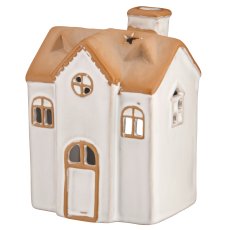 Porcelain decorative house, tealight holder, glazed, 8x9x13cm, warm grey