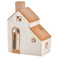 Porcelain decorative house, tealight holder, glazed, 6.5x11x16cm, warm grey