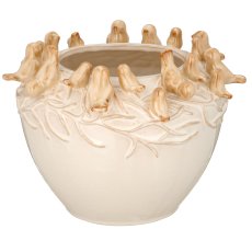 Porcelain vessel with bird decoration, transmutation glaze, 25x25x17cm, vanilla