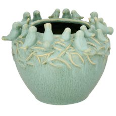 Porcelain vessel with bird decoration, transmutation glaze, 25x25x17cm, jade
