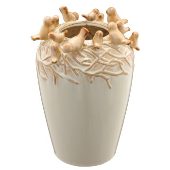 Porzellanvase mit Vögeln, Transmutationsglasur, 18x18x24cm, vanille, Lepuro