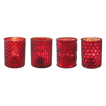 Glass Tealight W.Decor 4 assorted, 10x8cm, Red 4/W-Box