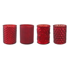 Glass Tealight W.Decor 4 assorted, 10x8cm, Red 4/W-Box