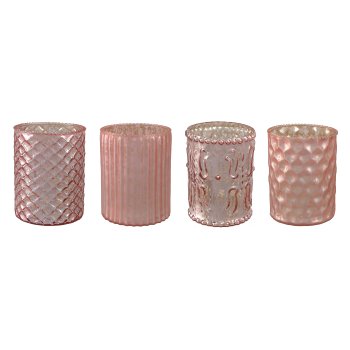 Glass Tealight W.Decor 4 assorted, 10x8cm, Pink 4/W-Box