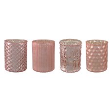 Glass Tealight W.Decor 4 assorted, 10x8cm, Pink 4/W-Box