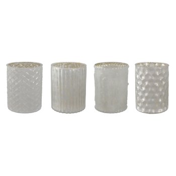 Glass Tealight W.Decor 4 assorted, 10x8cm, White 4/W-Box