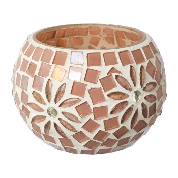 Glas Windlicht rund Mosaic FRESH FLORAL, 6,5x9cm, rosa