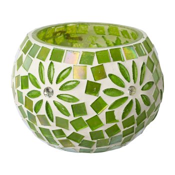 Glas Windlicht rund Mosaic FRESH FLORAL, 6,5x9cm, grün