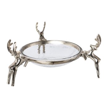 Aluminium Hirsche m.Glas Schale, 17x38x38cm, silber
