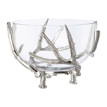 Aluminium Geweih mit Glas Schale HARRIS, 34x34x20cm, silber