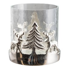 Glas Windlicht m.Aluminium Weihnachtslandschaft, 10x10x10cm, silber